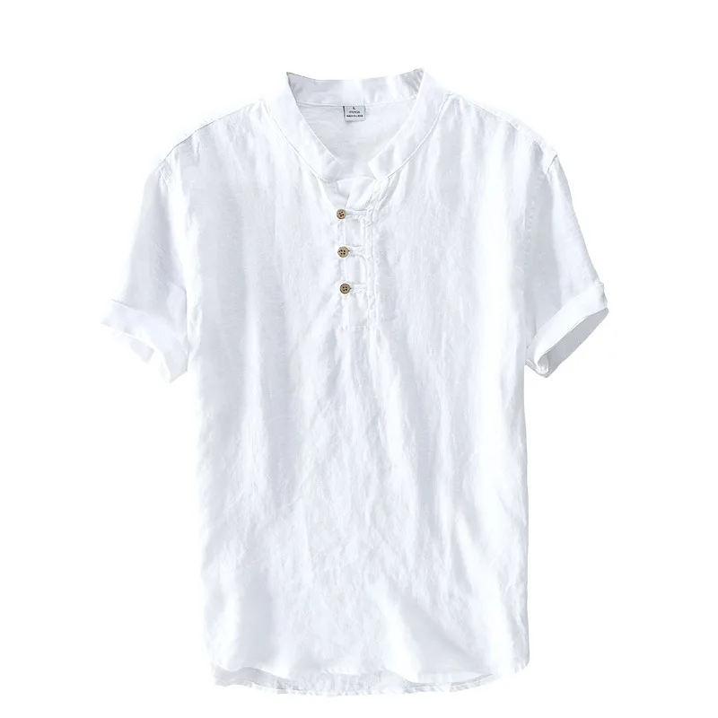 Рубашка Мужская льняная с воротником стойкой белая 100%|chemise homme|linen shirts menflax shirt men |