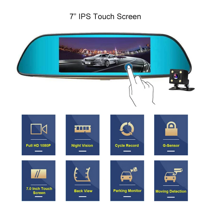 Full HD 1080P 7 Inch IPS Touch Screen Dual Lens Car Camera Rearview Mirror Auto DVR Dash Cam Video Night Vision WDR Imaging | Автомобили и