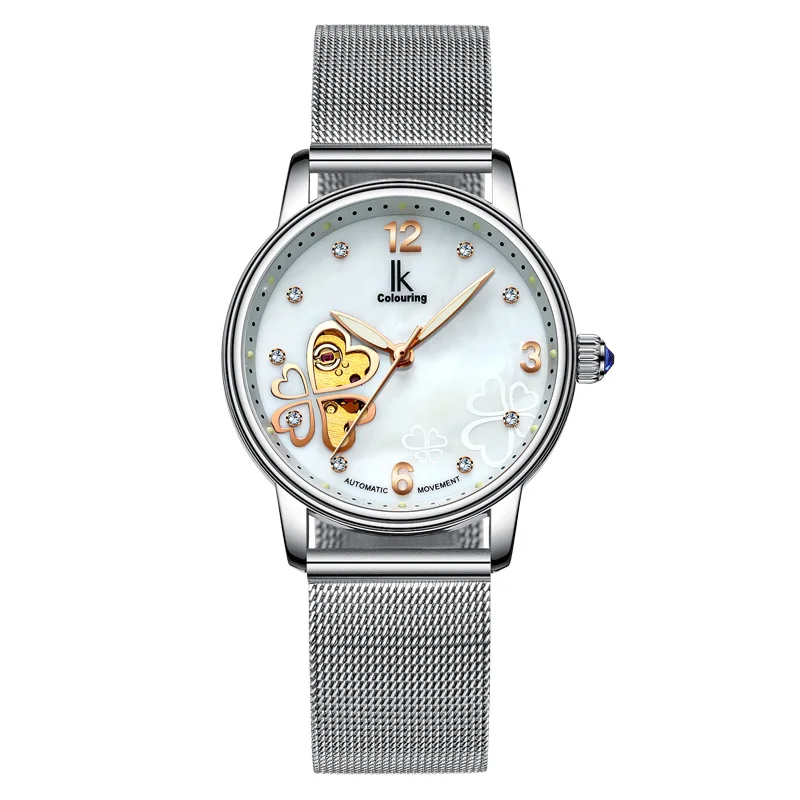 White Steel mesh Ikcoloring светящийся дисплей полый Клевер Творческий алмаз циферблат модные женские часы - Цвет: White Steel mesh