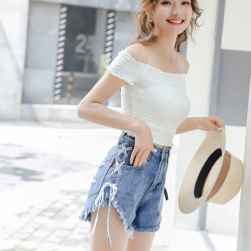 Vetevidi/джинсовые шорты с высокой талией и полосками сбоку женские летние тонкие