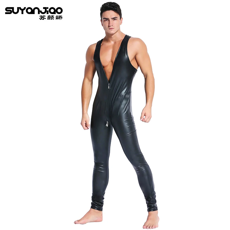 2XL Black Red Patent Leather Sexy Mens Zipper Open Crotch Catsuit Spandex Zentai Bodysuit Male Erotic Party Clubwear New | Тематическая