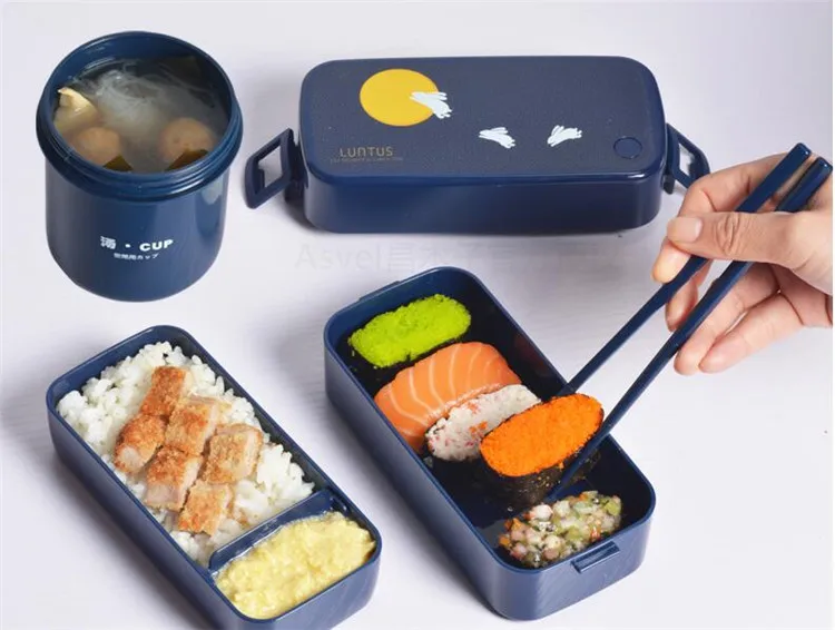 Японский стиль bento box пластиковые Ланч-боксы мультфильм microwavable еда контейнер посуда с мешками ложки палочки для еды