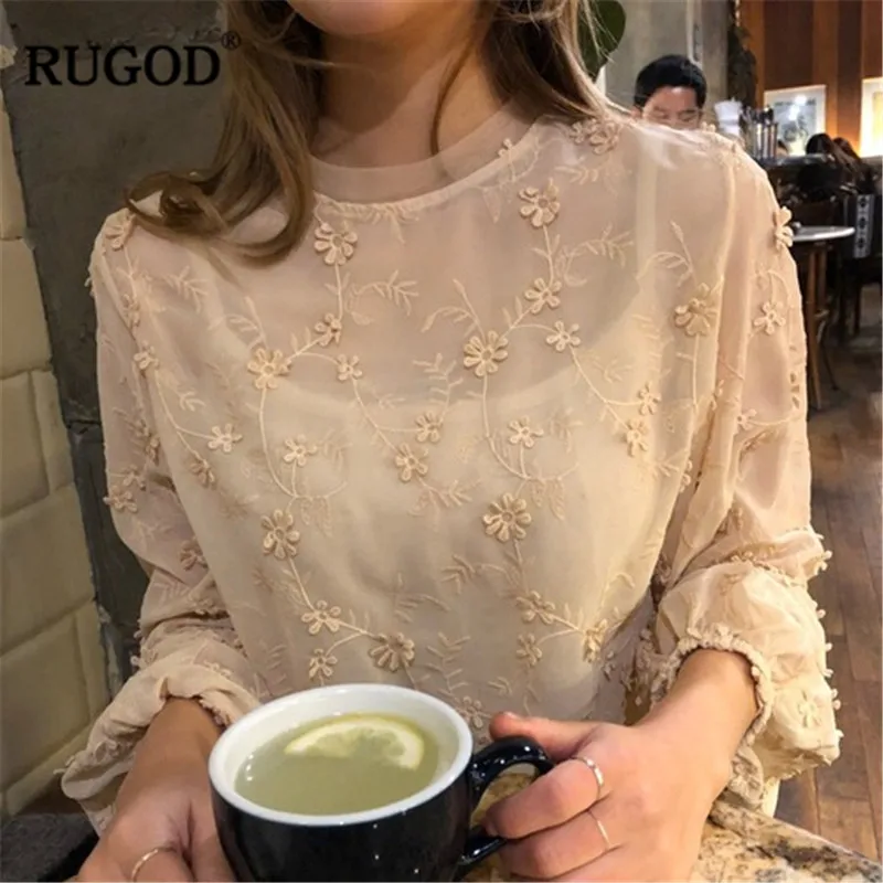 RUGOD Повседневная кружевная шифоновая блуза с сеткой весна 2019 цветочный принт