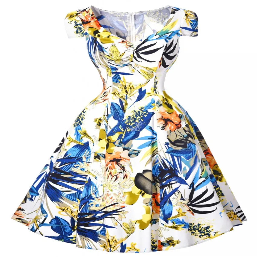 Винтаж Платье Лето 50 s 60 Платья Цветочный Узор Robe Femme Ретро Хлопка С Коротким