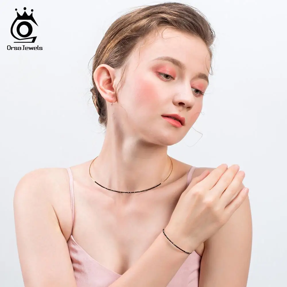 ORSA JEWELS серебряный браслет 925 для женщин Черная шпинель драгоценный камень браслет с природными камнями 18K Позолоченные ювелирные изделия нарукавная повязка OSB46-B