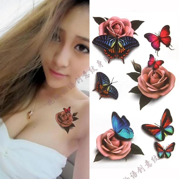 

3D Горячие Красочные розы боди-арт водонепроницаемые поддельные татуировки бабочки для женщин флэш-временные татуировки наклейки 10*20 см KD773