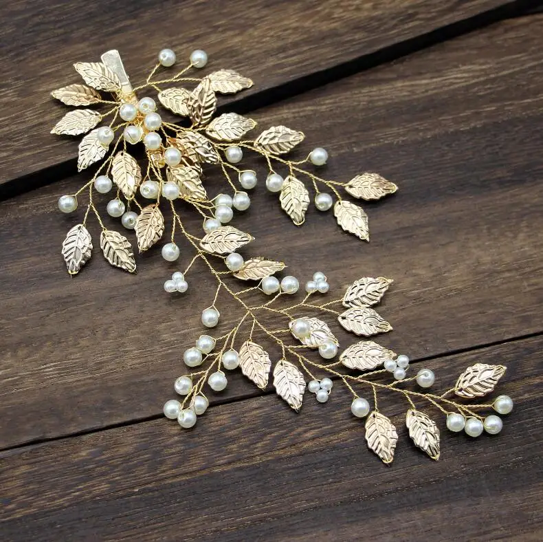 Ручной работы элегантные Gold Leaf Свадьба головы жемчужное платье свадебное