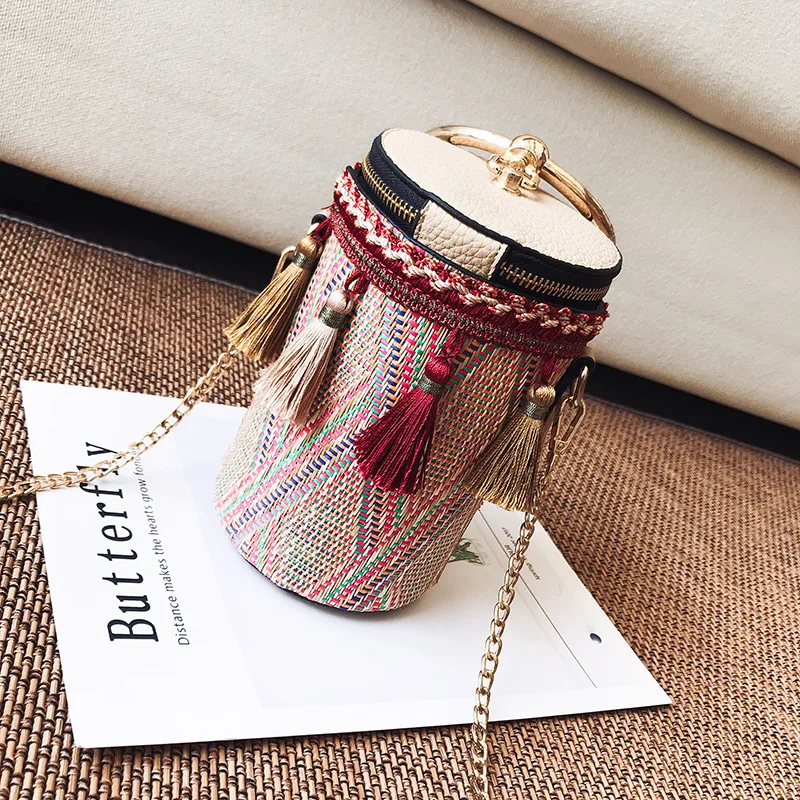 Летний стиль сумочки в форме цилиндра богемная Бохо Плетеная соломенная сумка