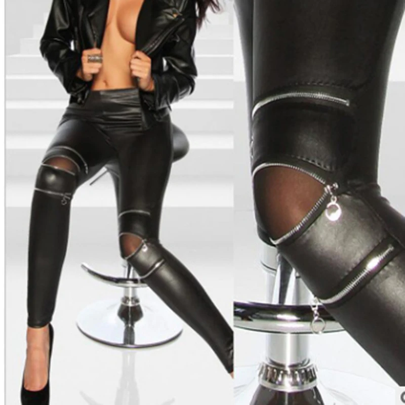 Women Sexy Faux Leather gothic Leggings Black Slim Stretchy Leggins High-elastic Knee Three Zipper Sexy Leather Women Leggins