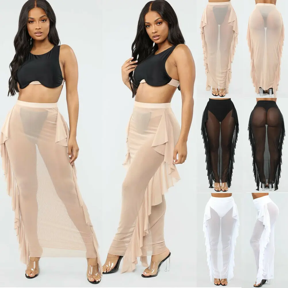 

Womens Side Ruffles See-through Mesh High Waist Chiffon Swim Wear Bikini Cover Up Sheer Beach Long Skirts