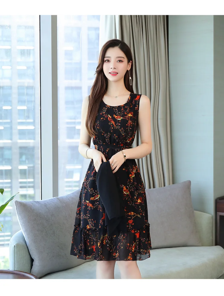 Elegant Floral Chiffon Two Piece Set Dresses Summer Vintage 4XL Plus Size Print Midi Sundress Women Bodycon Party Vestidos