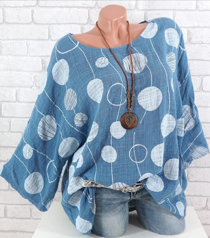 

Wide Loose Large size Lady's Blouse spring & summer new stitching O-neck bat sleeve shirt printed dot shirt Women's Clothing