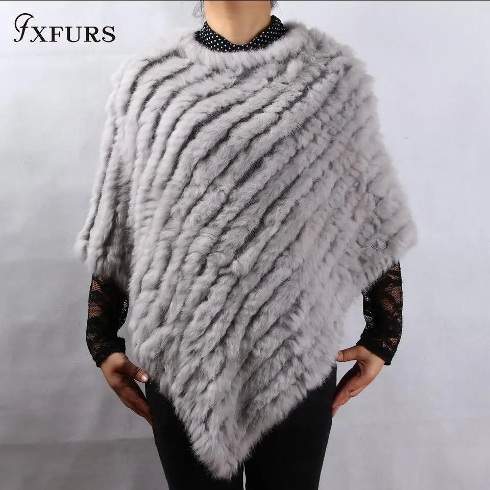 light grey FXFURS, весна-осень, настоящее Вязаное пончо из кроличьего меха, женские шарфы, натуральный кроличий мех, шаль, треугольная накидка - Цвет: light grey