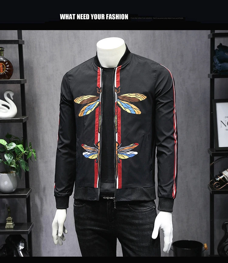 Мужская куртка с принтом стрекозы, приталенная, Jaqueta Masculina Inverno, в полоску, с рукавом, Giacca Uomo Casacas Para Hombre, мужская куртка-бомбер