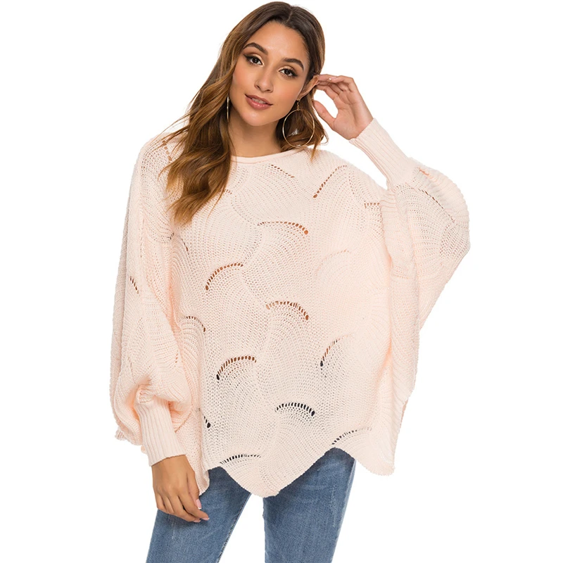 Европейский пуловер женский полый крючок цветок свободный свитер летучая мышь