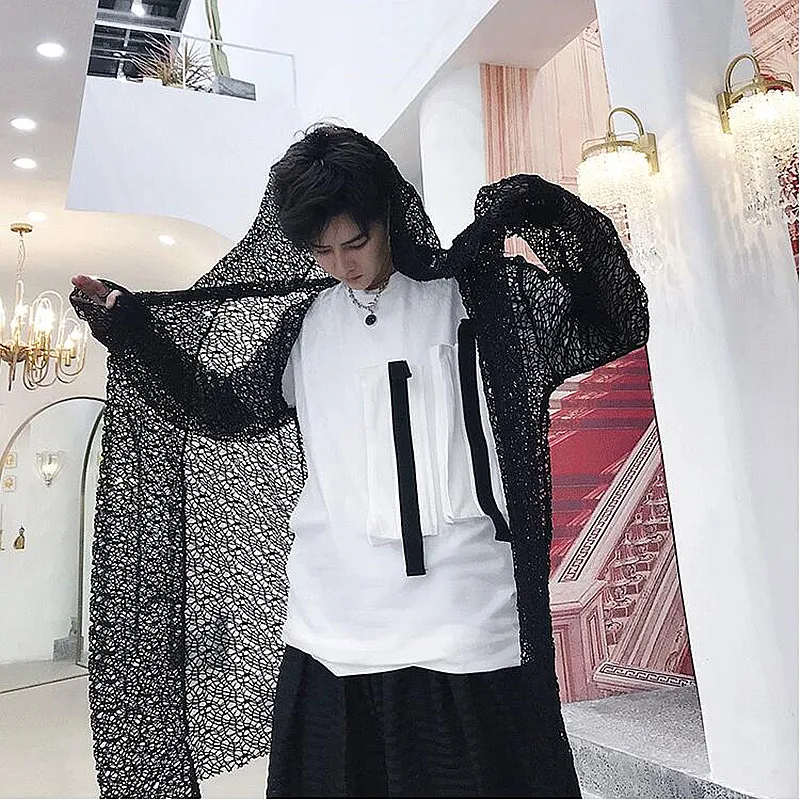 Harajuku сетка Просвечивающая мужская повседневная куртка с длинным рукавом Мужская