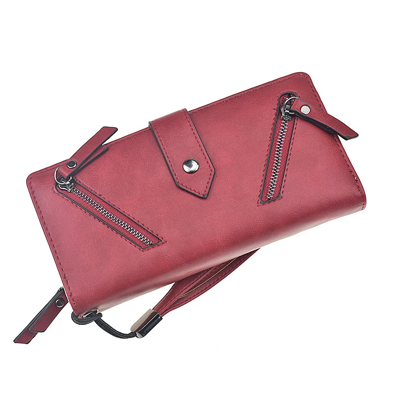 Wine Red Ladies Wallets Long Zipper Phone Zipper Bag PU Leather Credit Card Wallet Casual Coin Clutch Wristlets Women Solid Cards Purses - Цвет: Wine Red