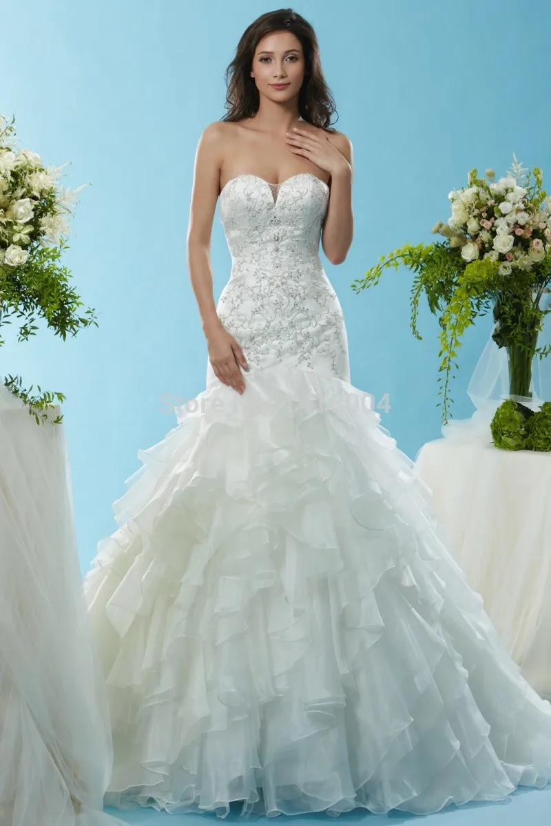 8A- new arrival mermaid sweetheart sheer wedding dresses sexy cascading ruffles beading sequin crystals beaded bridal gowns2015 | Свадьбы и