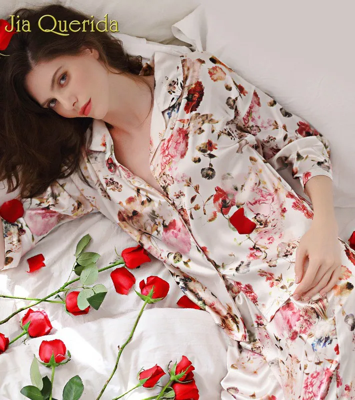 J& Q пижамы для женщин Весенние новые атласные пижамные комплекты кардиган с отворотом цветочный качественный атласная ткань Роскошная Ночная рубашка пижамы для женщин
