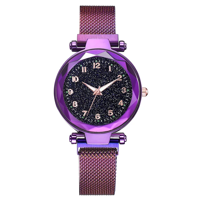 Purple Популярные светящиеся стрелки женские часы модные звездное небо женские часы с магнитной сеткой Женские кварцевые наручные часы многоцветные подарки - Цвет: Purple