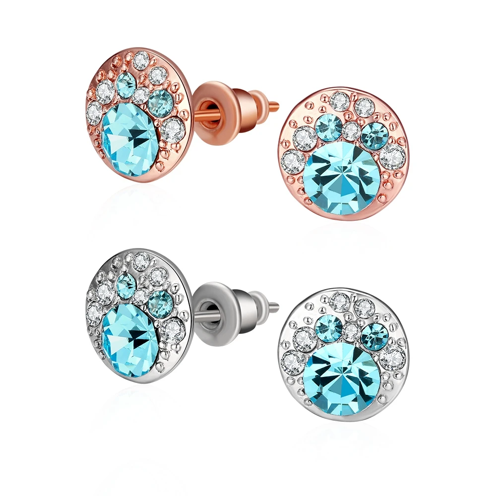 New Blue Crystal Czech Drill Round Stud Earrings For Women Fashion Jewelry Double Sided Gold White Color Hot | Украшения и