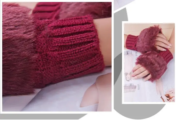 Модные перчатки Guantes в стиле пэчворк, женские шерстяные перчатки, вязаные перчатки из искусственного кроличьего меха, милые женские варежки на полпальца, клетчатые перчатки Luvas G015
