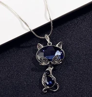 new fashion blue crystal fox cat long necklaces pendants for women simple elegant trendy jewelry sweater chain