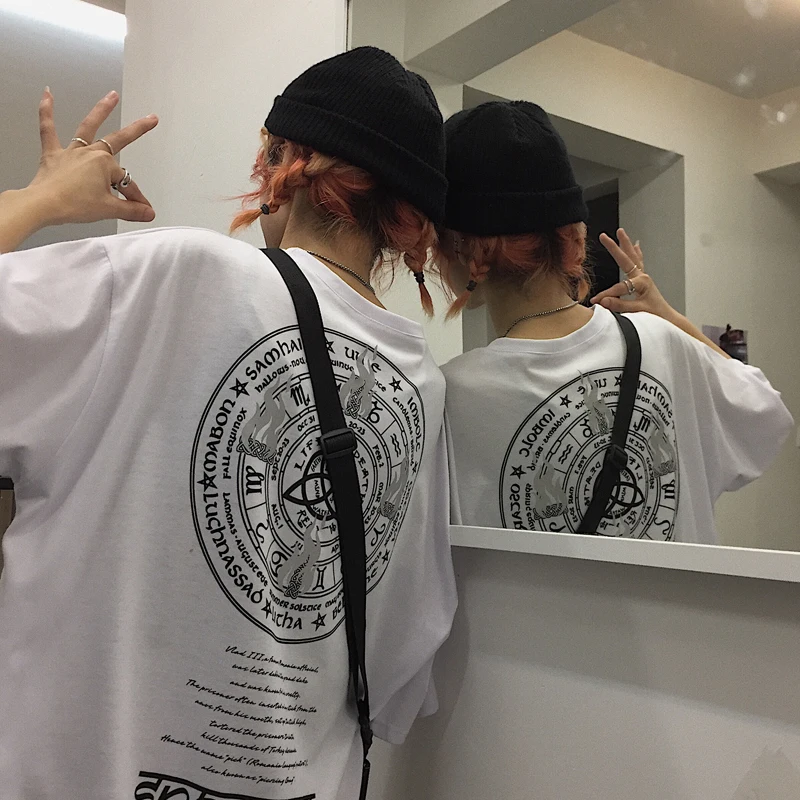 Harajuku/Одежда для пар; летняя модная футболка в Корейском стиле Ulzzang; уличная одежда со светоотражающим принтом; футболки с короткими рукавами; женские топы - Цвет: see chart