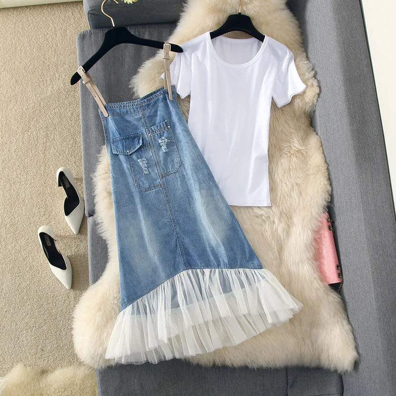 dress and tee Женское летнее платье костюм Новые повседневные свободные джинсовые платья на бретелях+ футболка с коротким рукавом женские сексуальные платья на бретельках комплект из двух предметов - Цвет: dress and tee