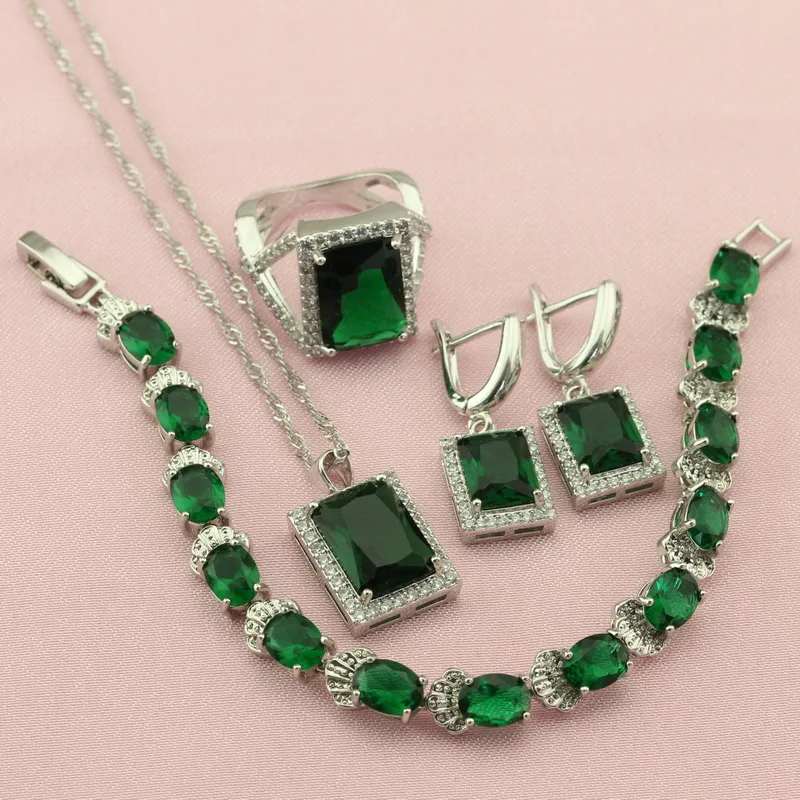 Мода женщин Серебряные украшения Цвет Наборы для ухода за кожей зеленый квадрат