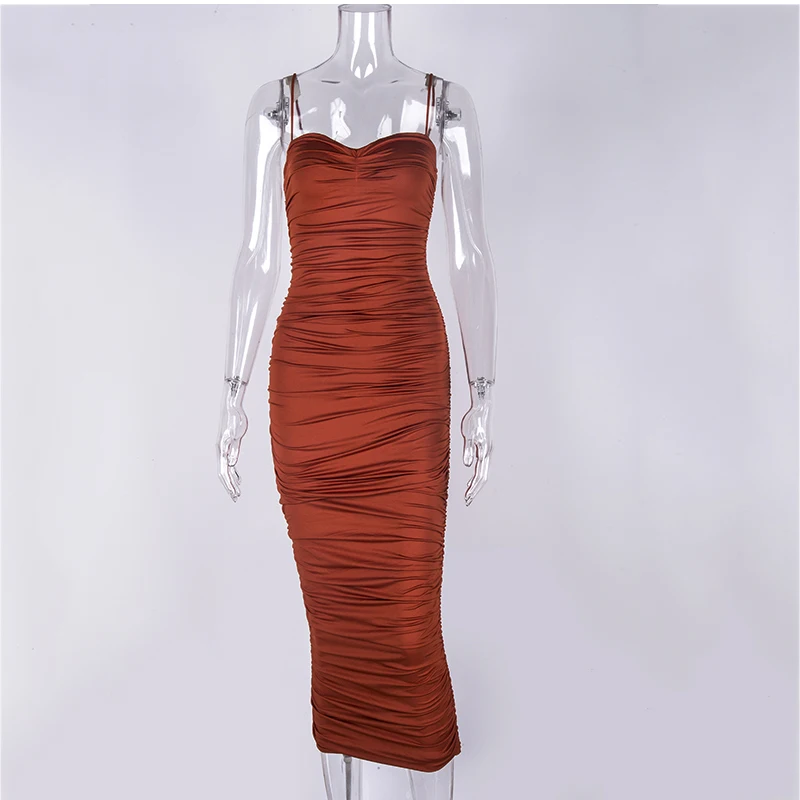 NewAsia 2 Layers Summer Dress Women Pleated Long Sexy Spaghetti Straps Ruched Party Brown Vestidos Robe Femme 2020|Женские платья| |