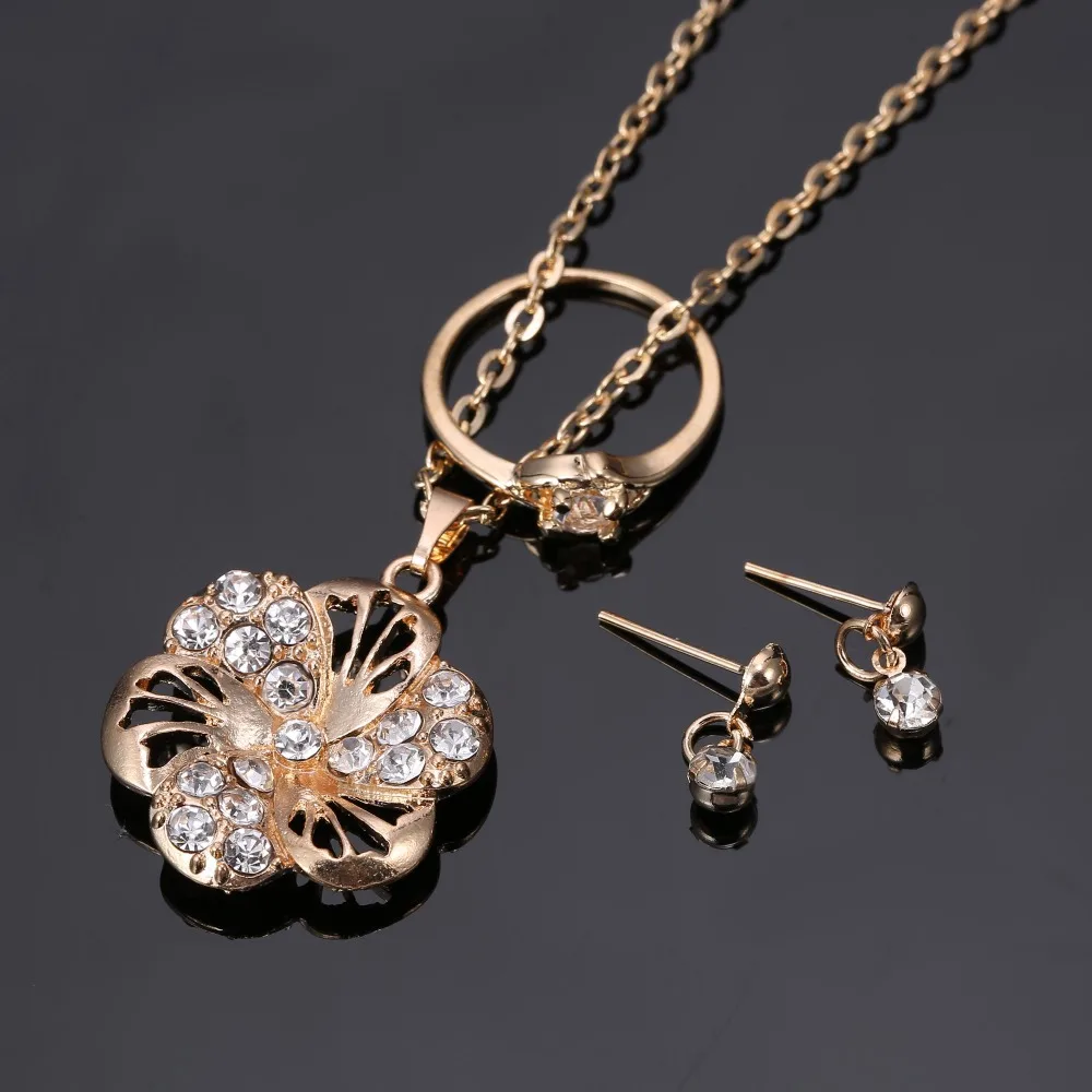 

Rinhoo Flower Necklace Earring Ring Jewelry Set Female Gold Bijoux Set Crystal Jewelry Elegant Lady Accessories