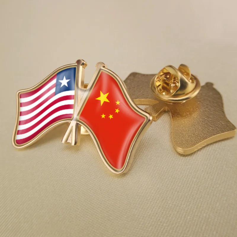 Liberia and China Crossed Double Friendship Flags Lapel Pins Brooch Badges