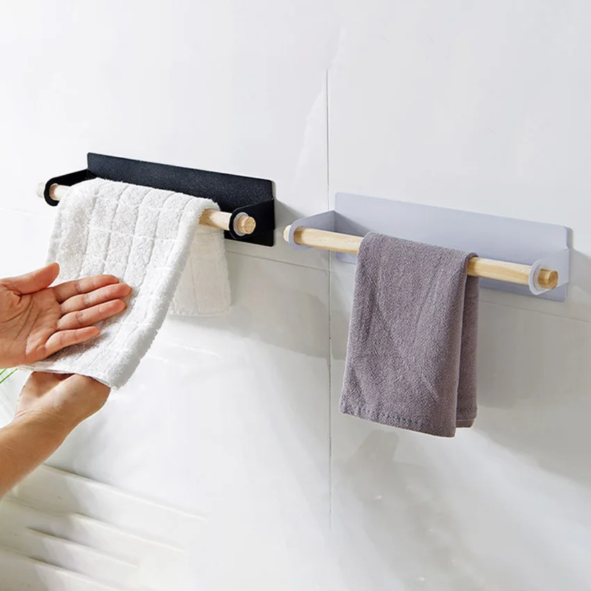 Towel Hanger Rack Self-Adhesive Behind Door Roll Paper Contain Wood Bar Hanging Holder Bathroom Kitchen Cabinet Shelf Organizer | Дом и сад