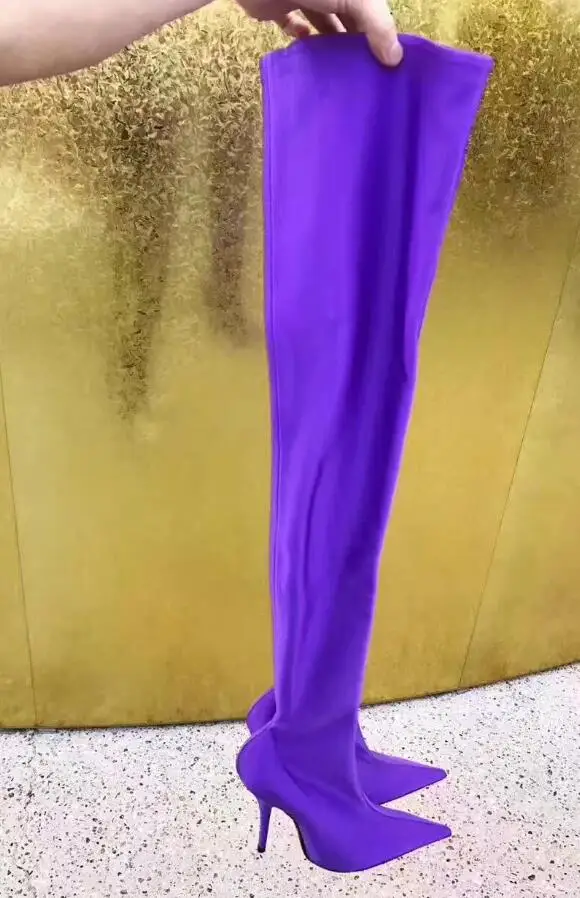 purple BuonoScarpe/Сапоги выше колена; женские пикантные сапоги до бедра на высоком каблуке-шпильке с острым носком; эластичные высокие сапоги; Botas; эластичные сапоги - Цвет: purple