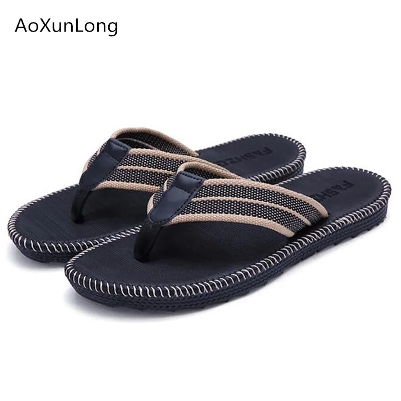 Black AoXunLong/мужские летние полосатые шлёпанцы; пляжные повседневные шлёпанцы; мужские тканевые шлёпанцы; европейские размеры 39-46; большие размеры; мужские шлёпанцы - Цвет: Black