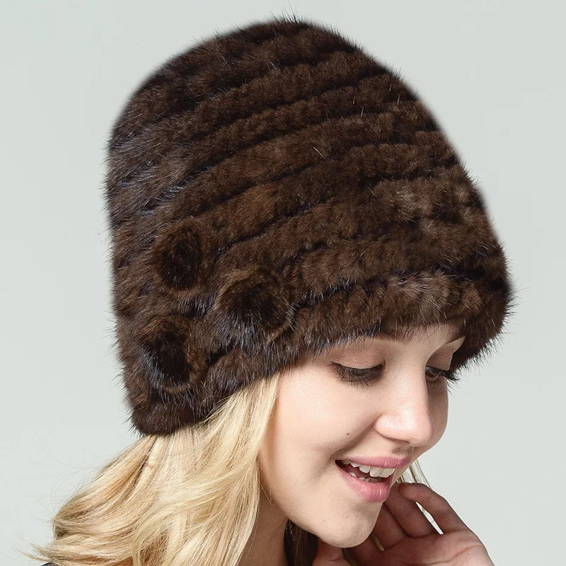 Женская Шапка бини из натурального меха норки с помпоном|fur pompom beanie|pompom beaniewinter hat