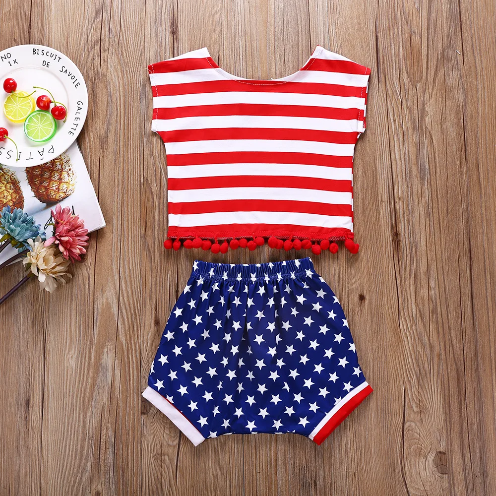 4th of July Baby Girls Toddler Kids set cotton Stripes tassel tops+stars shorts American Flag Independence Day children clothing | Детская