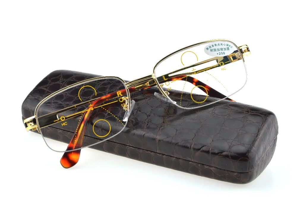 

GOLD Progressive Multifocal Reading Glasses Mens Gold See Near Far Ultra Light Alloy Intelligence Add +1 +1.5 +2 To +4