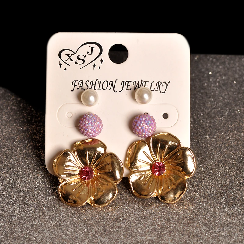 New fashion women's jewelry wholesale girls birthday party pearl stud mix-and-match flowery 3 pairs /set earrings gift | Украшения и
