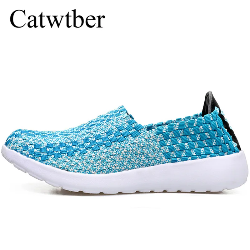 Catwtber Лето Для женщин на плоской платформе нейлон плетеные туфли женские ручной