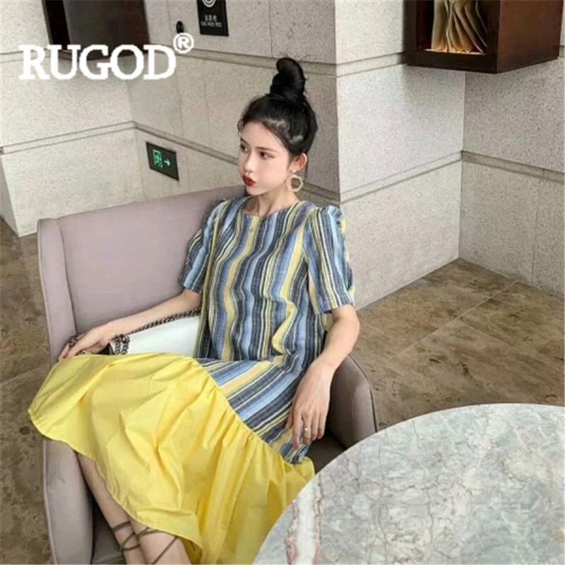 Женское платье в полоску RUGOD стиле пэчворк Длинное свободное с круглым вырезом и