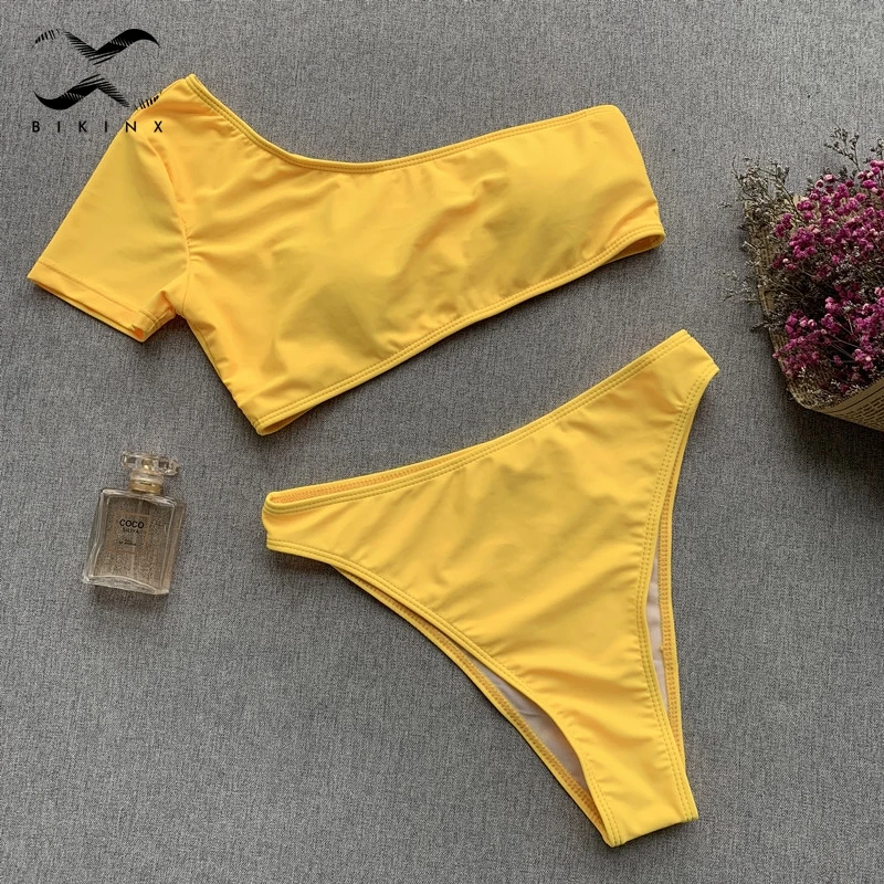 Bikinx, красное бикини на одно плечо,, mujer, купальный бандо, сексуальный купальник, пуш-ап, с высоким вырезом, купальник для женщин, купальник, бразильское бикини - Цвет: Цвет: желтый