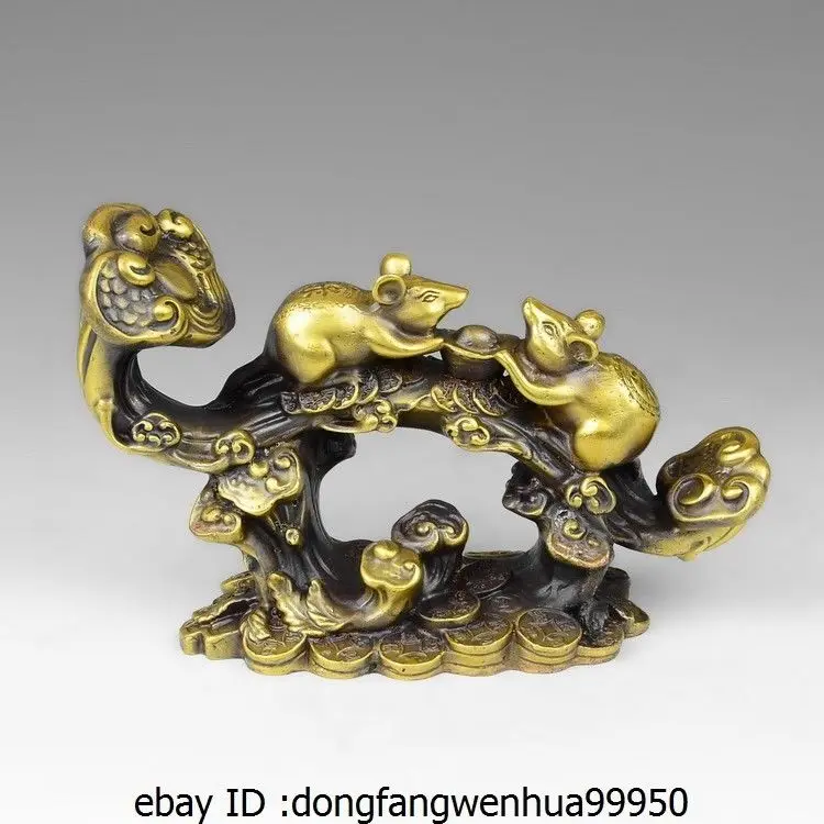 

China Brass Copper Fengshui Auspicious Two Mouse Mice Yuanbao Wealth Ruyi Statue