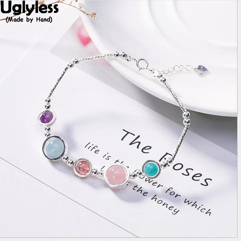 

Uglyless Real 925 Sterling Silver Beads Bracelets for Women Colorful Crystal Balls Spinning Bracelet Elastic Rope Fine Jewelry