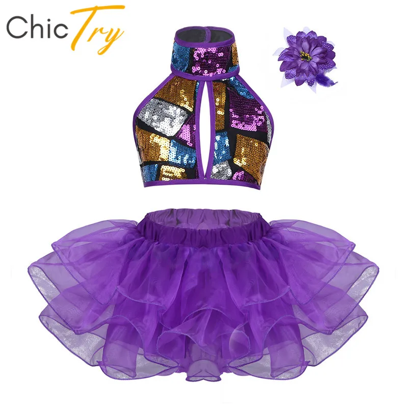 

ChicTry Kids Girls Sequins Stage Performance Ballroom Lyrical Jazz Dance Costumes Children Halter Crop Top Ballet Tutu Skirt Set