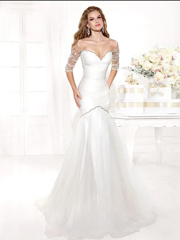 2014 Sweetheart Neck Bridal Gown Beaded Mermaid Wedding Dress Half Sleeve Tulle vestido de noiva Tarik Ediz (SF-W60) | Свадьбы и