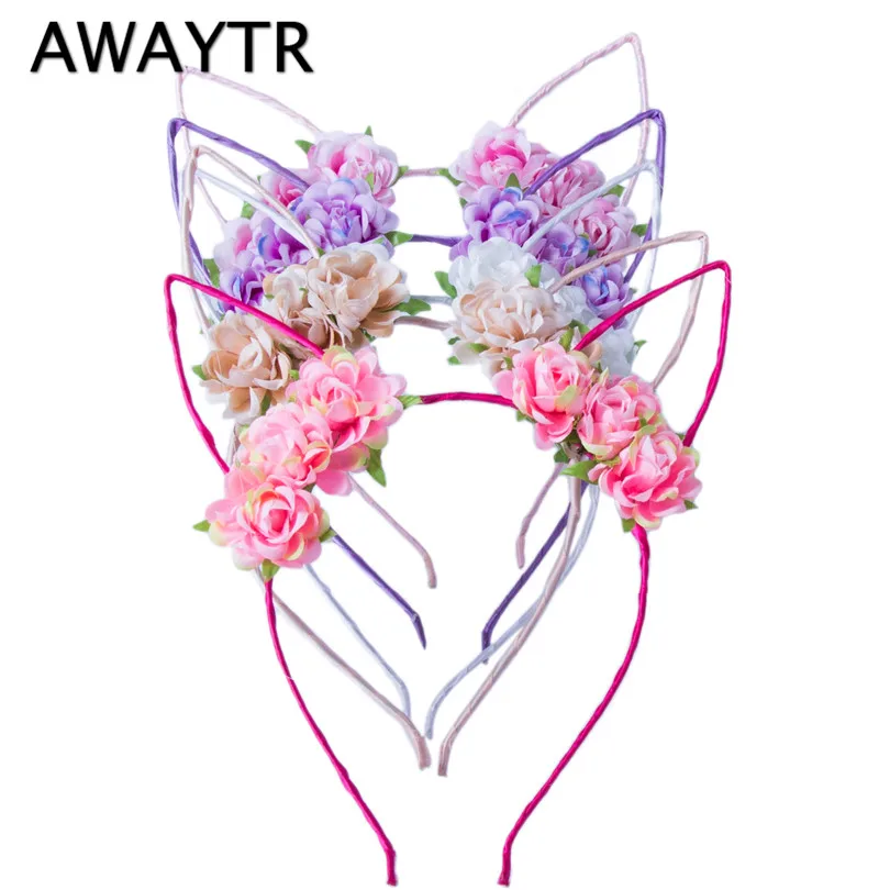 AWAYTR, милые кошачьи ушки, повязки для волос для женщин, девушек, цветочные обручи для волос, вечерние повязки на голову, свадебные головные уборы, диадемы для девочек, аксессуары для волос