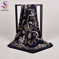 bysifa new women satin silk scarf shawl fashion accessories brand navy blue large square scarves muslim head scarf foulard