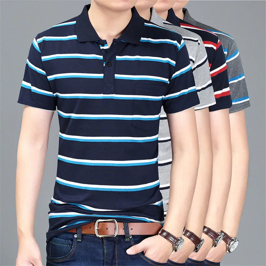 Летняя новая Мужская хлопковая футболка с коротким рукавом отворотом в полоску